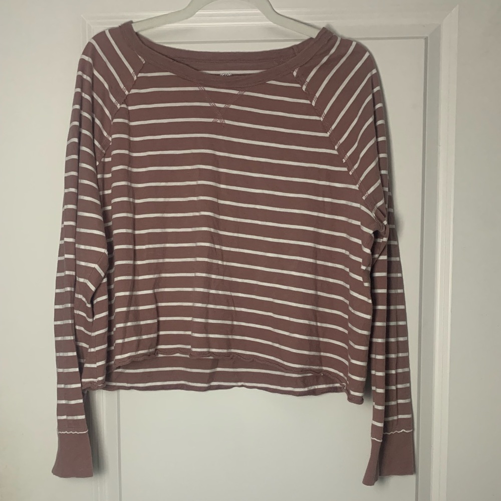 Aerie Mauve and White Striped Raglan Tee